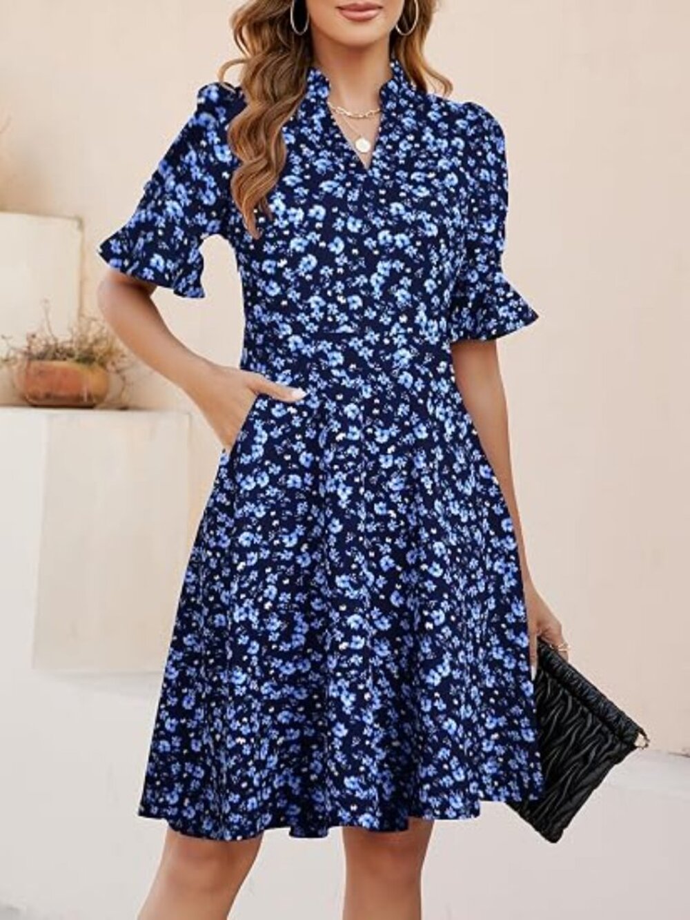 Women's Navy Floral Fit And Flare Knee Length V Neck Short Sleeve Guest Dress